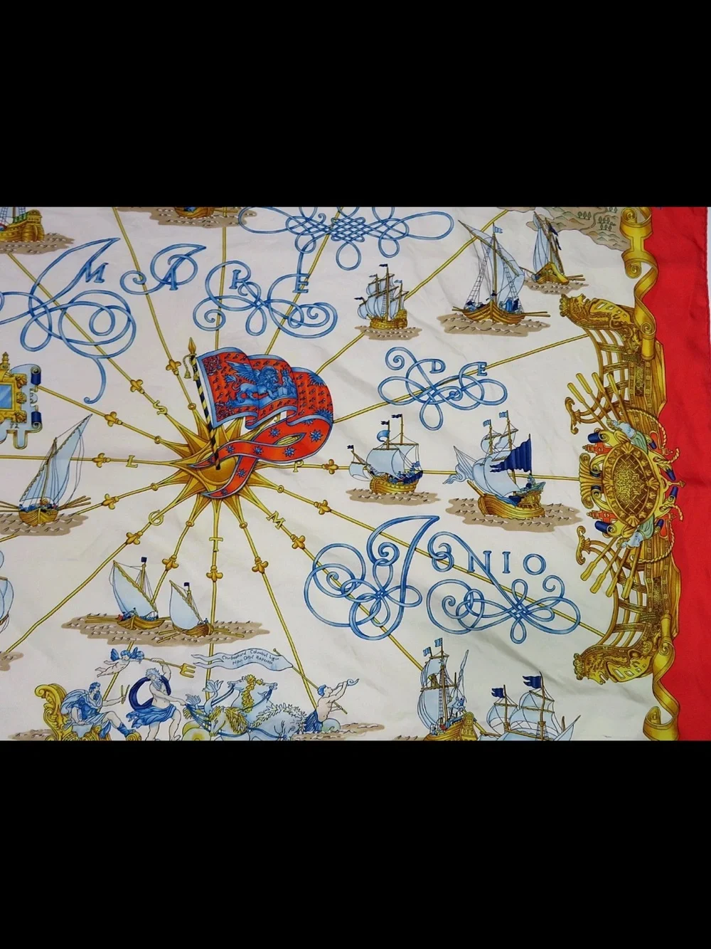Hermes Silk Scarf Red, Cream, Gold, Blue
